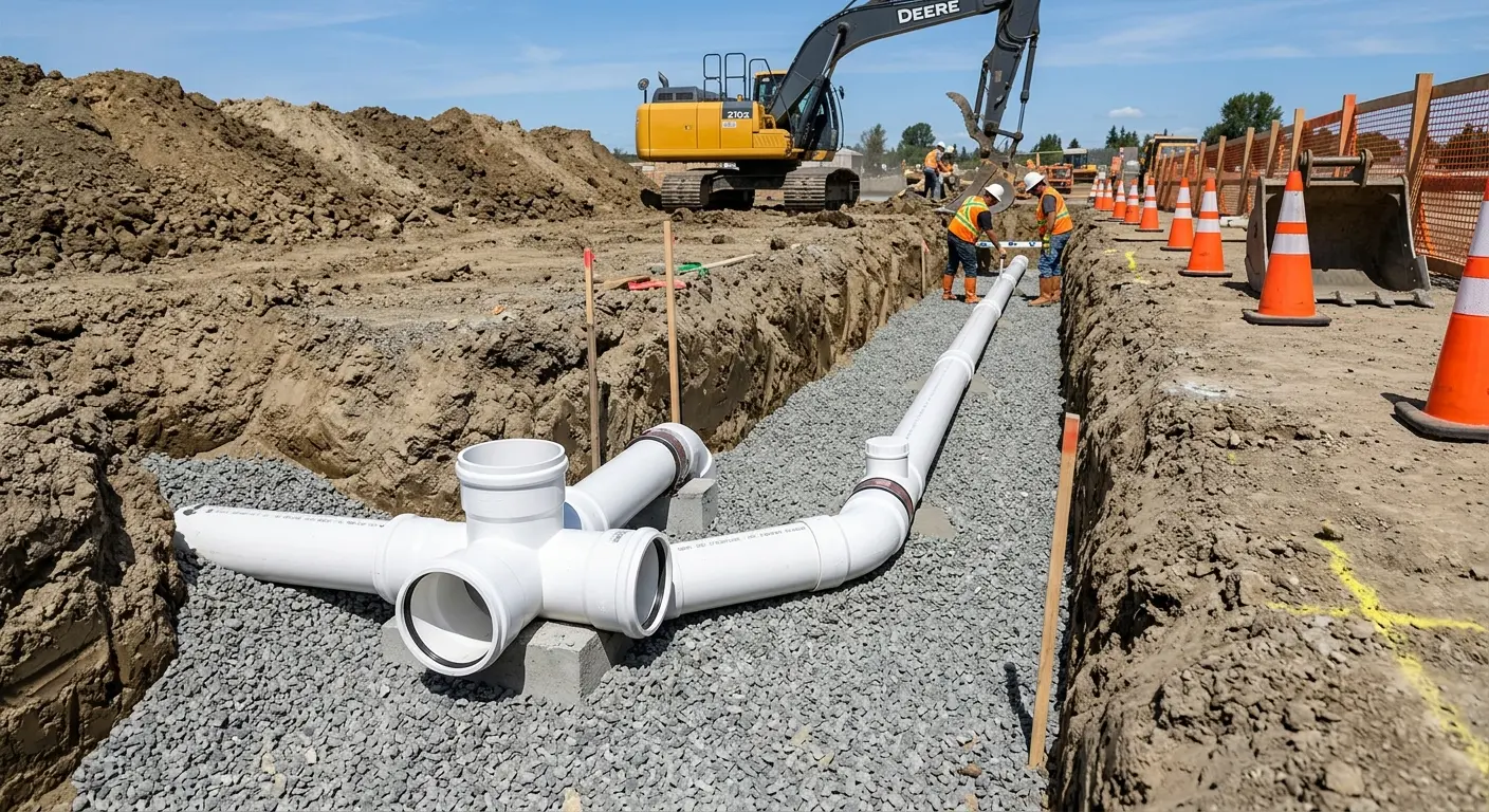 New PVC sewer pipe installation in open trench for Grease Trap Cleaning in McKinleyville