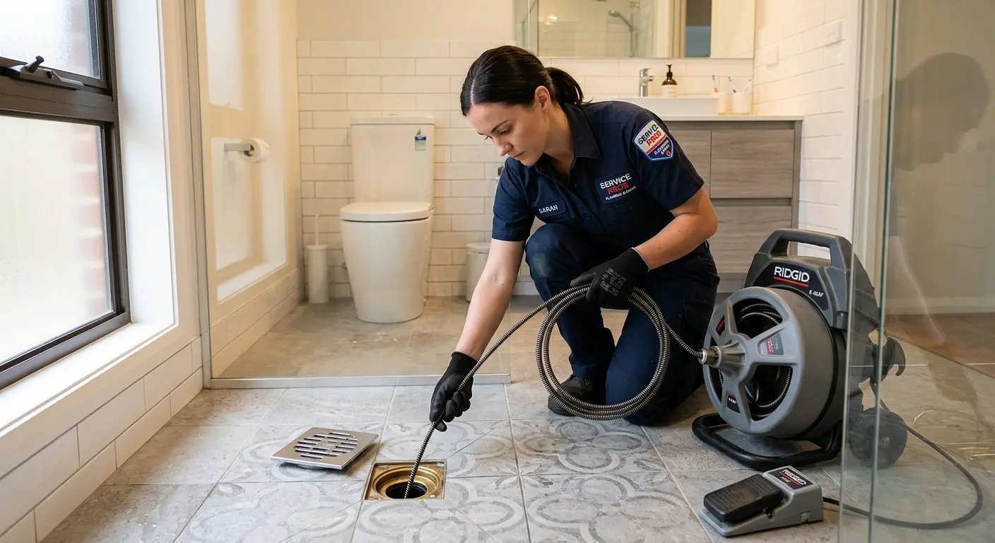 Technician clearing a bathroom floor drain for Hydro Jetting in McKinleyville